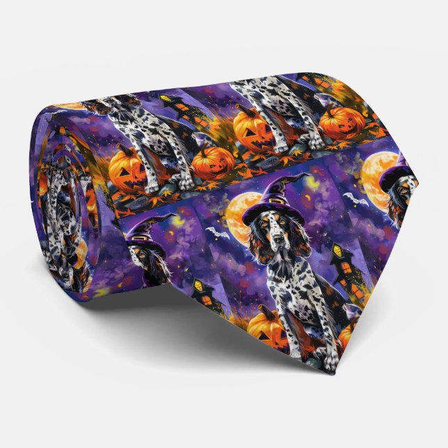 English Setter Dog Halloween Witch And Pumpkin Neck Tie (Rolled)