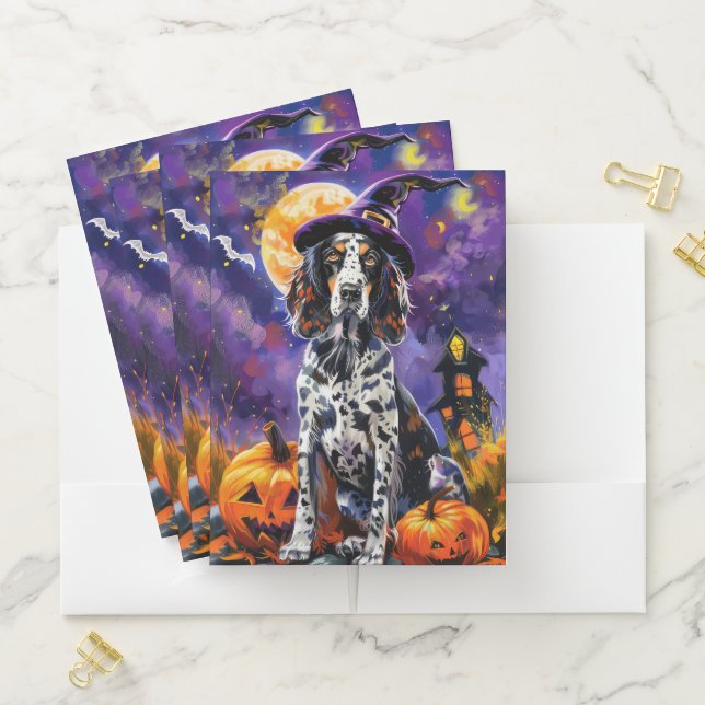 English Setter Dog Halloween Witch And Pumpkin Pocket Folder (In Situ)