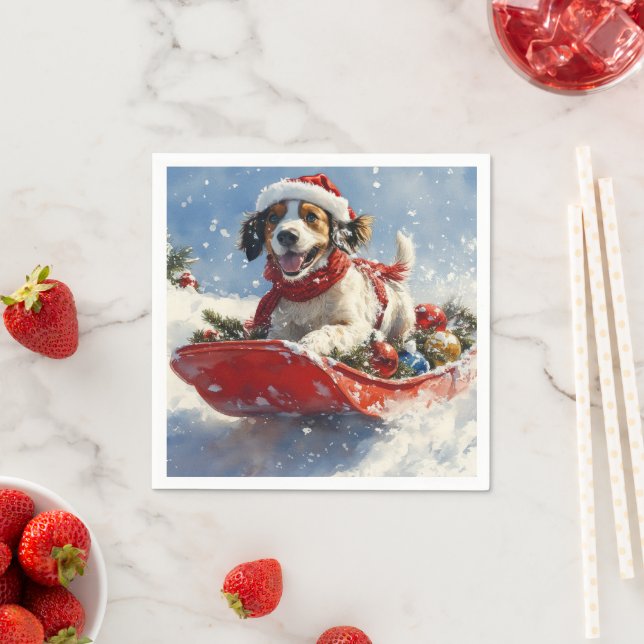 English Setter Dog in Sledge Let it Snow Christmas Napkins (Insitu)