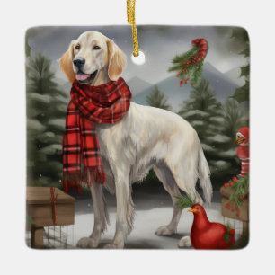 English Setter Dog in Snow Christmas Ceramic Ornament