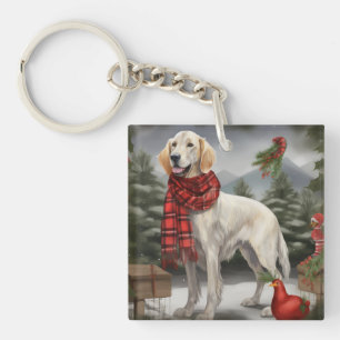 English Setter Dog in Snow Christmas Keychain