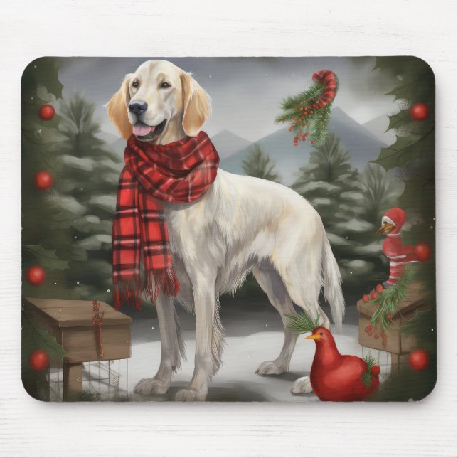English Setter Dog in Snow Christmas Mouse Pad (Front)