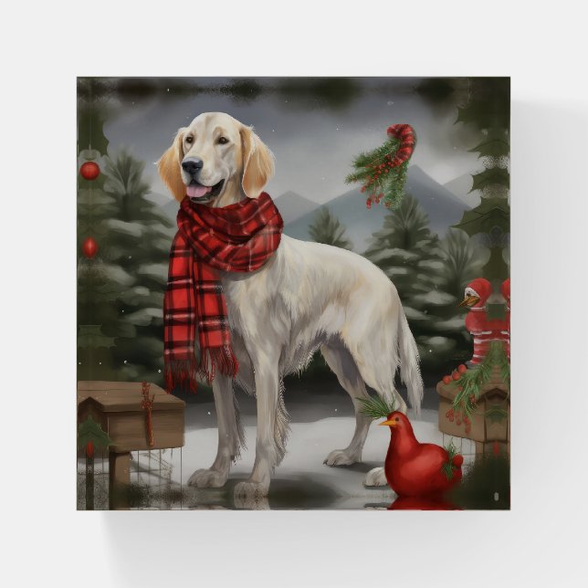 English Setter Dog in Snow Christmas Paperweight (Front)