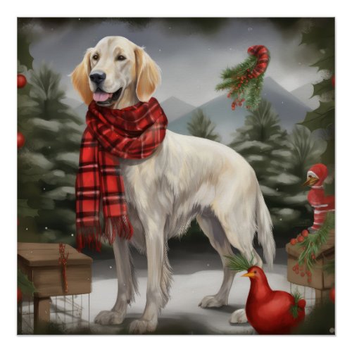 English Setter Dog in Snow Christmas Poster