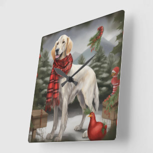 English Setter Dog in Snow Christmas Square Wall Clock