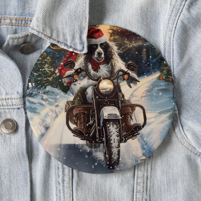 English Setter Dog Riding Motorcycle Christmas Button (In Situ)
