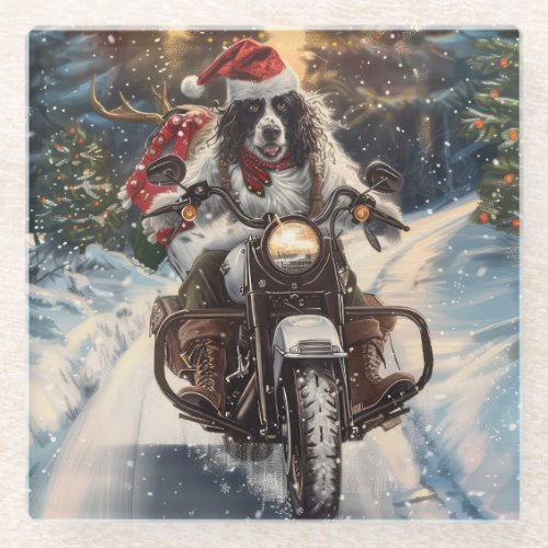 English Setter Dog Riding Motorcycle Christmas Glass Coaster