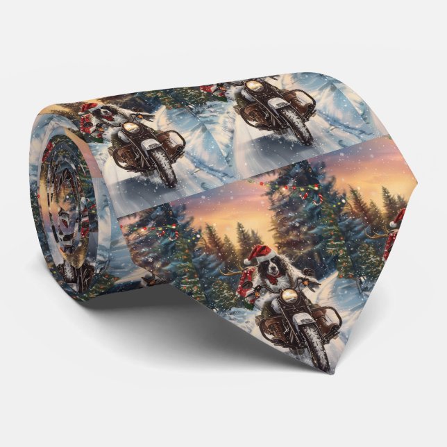 English Setter Dog Riding Motorcycle Christmas Neck Tie (Rolled)