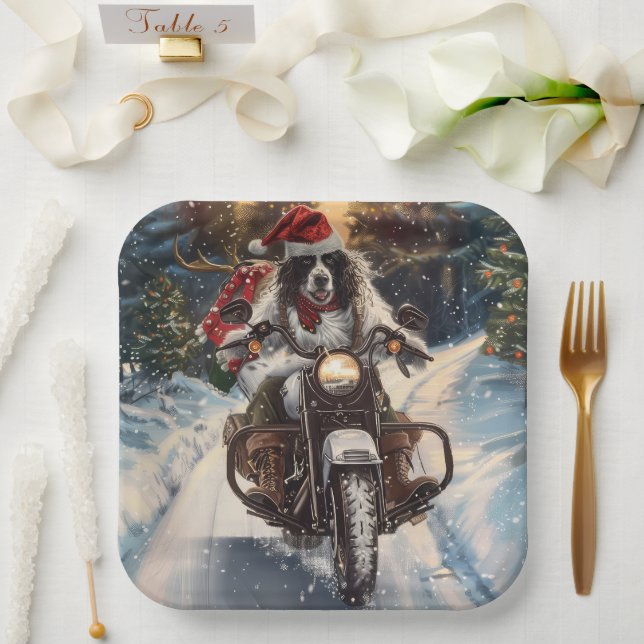 English Setter Dog Riding Motorcycle Christmas Paper Plates (Wedding)