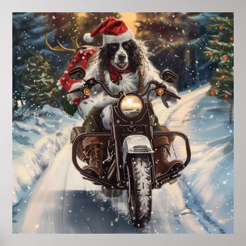 English Setter Dog Riding Motorcycle Christmas Poster