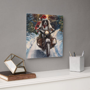 English Setter Dog Riding Motorcycle Christmas Square Wall Clock