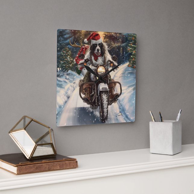 English Setter Dog Riding Motorcycle Christmas Square Wall Clock (Office)