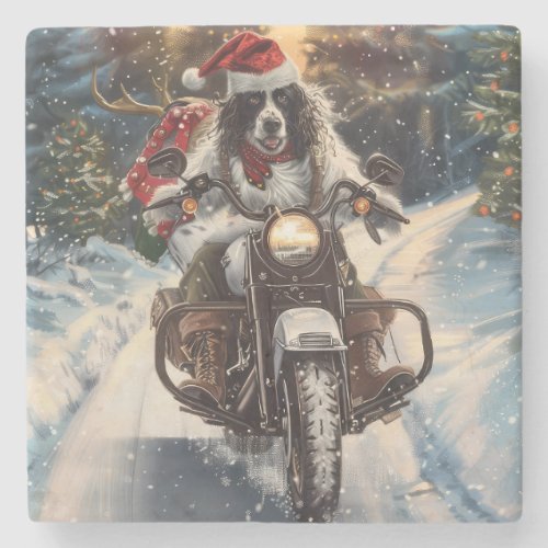 English Setter Dog Riding Motorcycle Christmas Stone Coaster