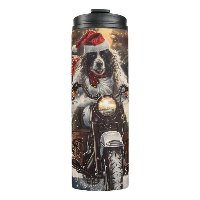 English Setter Dog Riding Motorcycle Christmas Thermal Tumbler (Front)