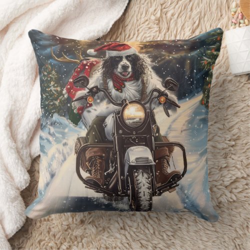 English Setter Dog Riding Motorcycle Christmas Throw Pillow