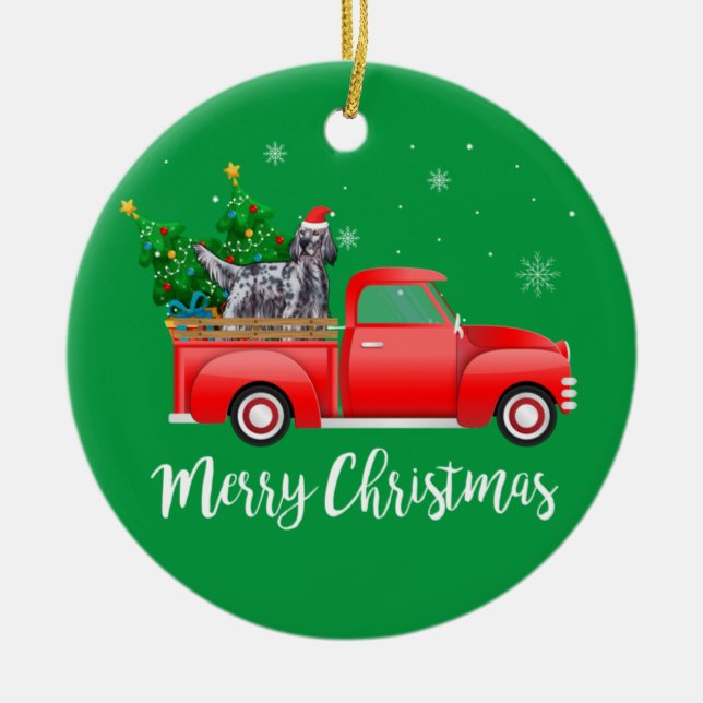 English Setter Dog Riding Red Truck Christmas Ceramic Ornament (Front)