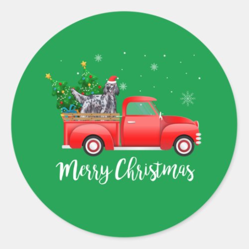 English Setter Dog Riding Red Truck Christmas Classic Round Sticker