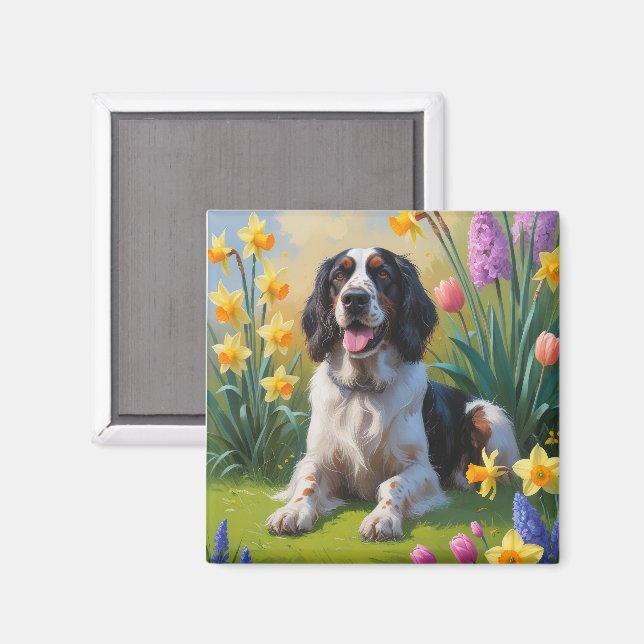 English Setter Dog Spring Flowers Painting Magnet (Front/Back)