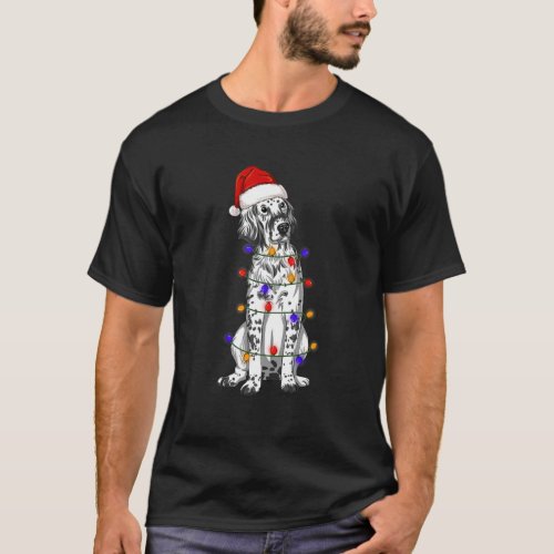 English Setter Dog Wearing Christmas Hat Lights T_Shirt