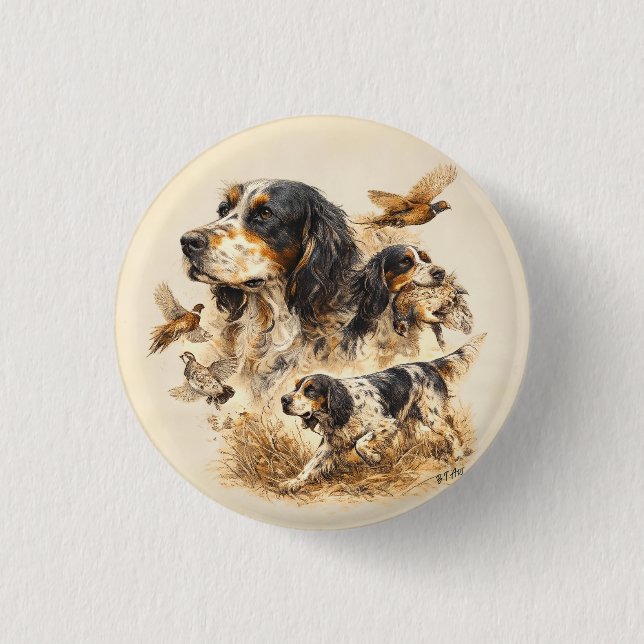 English Setter ,Hunting Art  Button (Front)