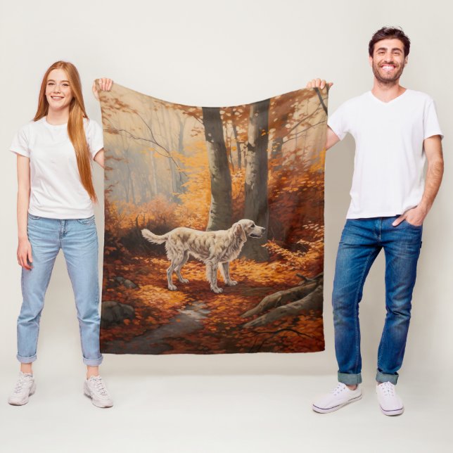 English Setter in Autumn Leaves Fall Inspire Fleece Blanket (In Situ)