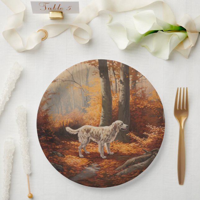 English Setter in Autumn Leaves Fall Inspire Paper Plates (Wedding)