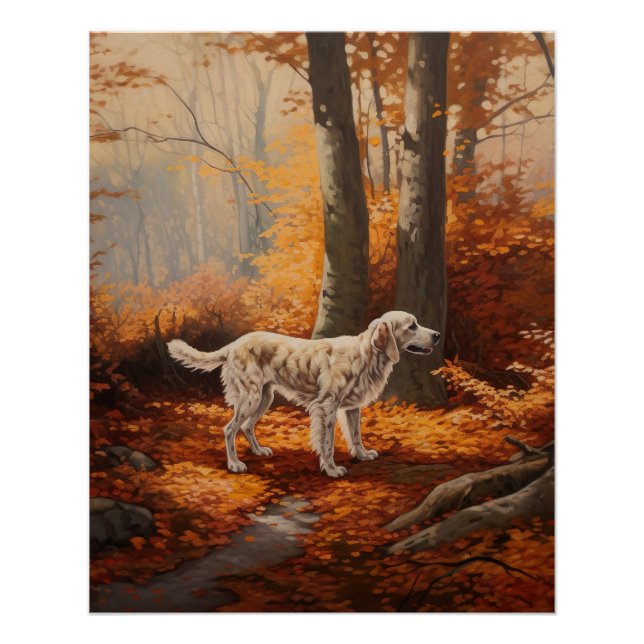 English Setter in Autumn Leaves Fall Inspire Poster (Front)