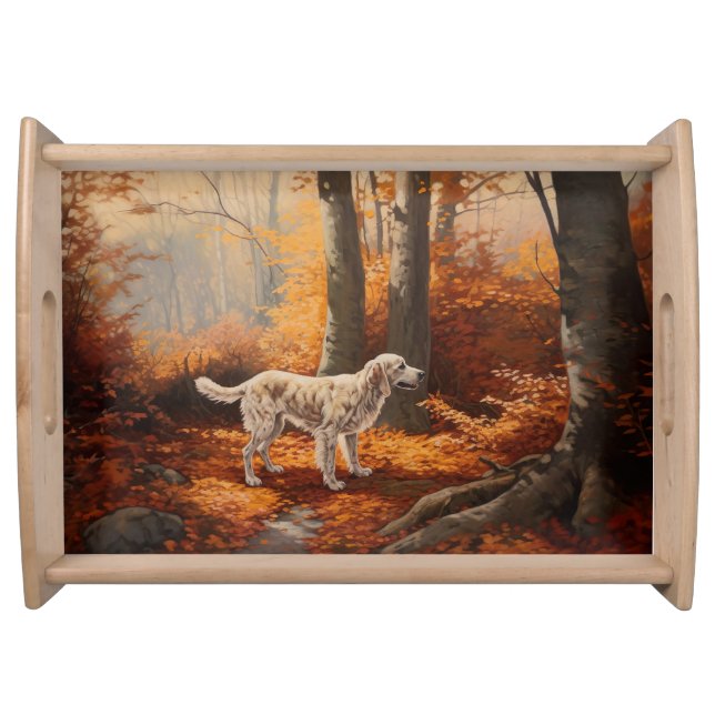 English Setter in Autumn Leaves Fall Inspire Serving Tray (Front)