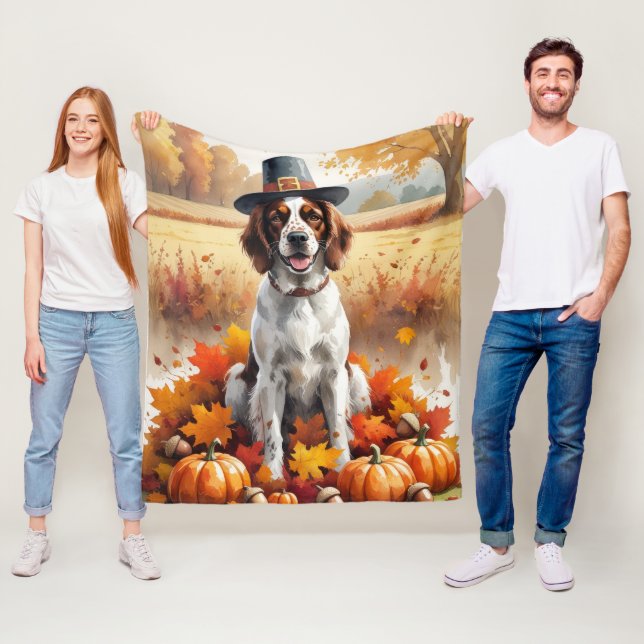 English Setter In Autumn Leaves Thanksgiving Art Fleece Blanket (In Situ)