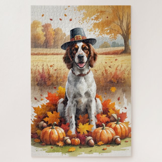 English Setter In Autumn Leaves Thanksgiving Art Jigsaw Puzzle (Vertical)