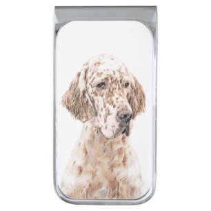 English Setter Orange Belton Painting Dog Art Silver Finish Money Clip