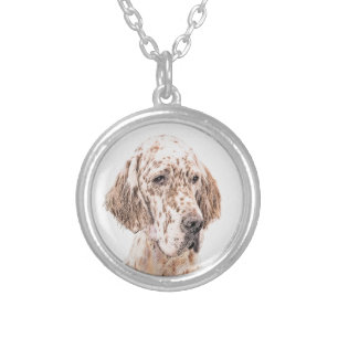 English Setter Orange Belton Painting Dog Art Silver Plated Necklace