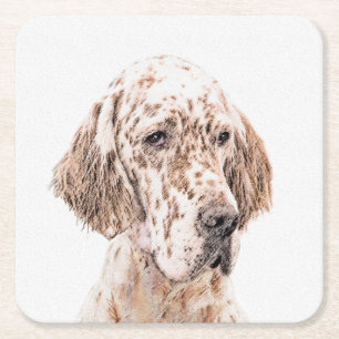 English Setter Orange Belton Painting Dog Art Square Paper Coaster