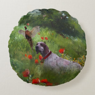 English Setter , Pheasant hunting  Round Pillow