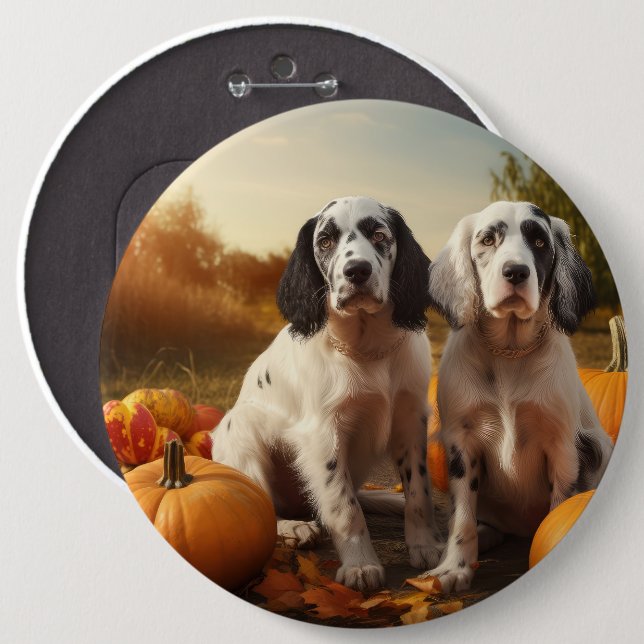 English Setter Puppy Autumn Delight Pumpkin  Button (Front & Back)
