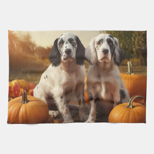 English Setter Puppy Autumn Delight Pumpkin  Kitchen Towel (Horizontal)