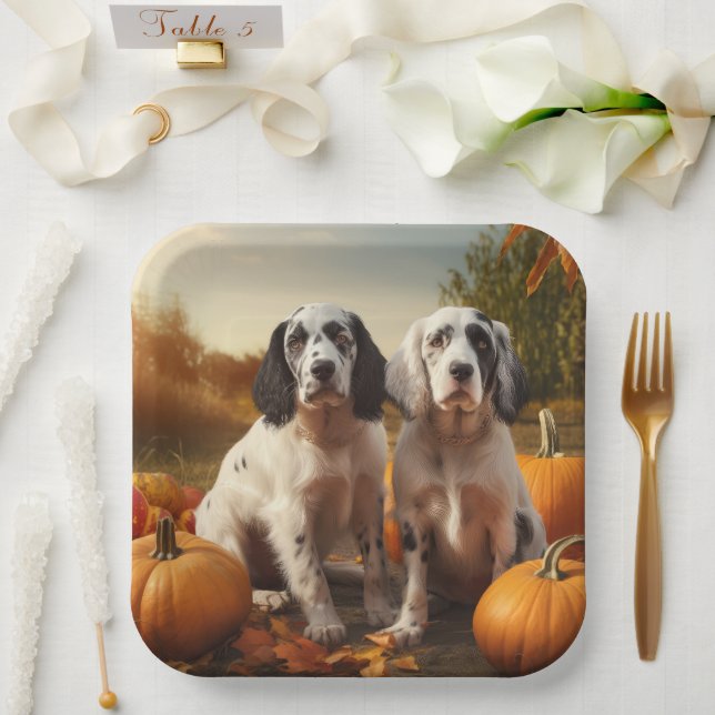 English Setter Puppy Autumn Delight Pumpkin  Paper Plates (Wedding)