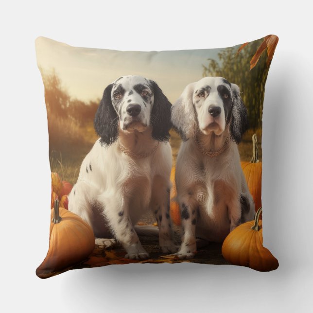 English Setter Puppy Autumn Delight Pumpkin  Throw Pillow (Back)