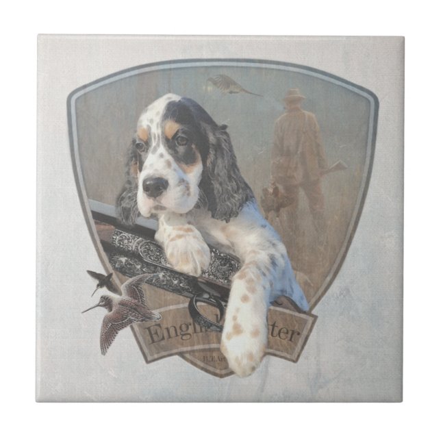 English Setter puppy with a classic shotgun    Ceramic Tile (Front)