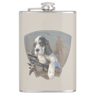 English Setter puppy with a classic shotgun    Flask