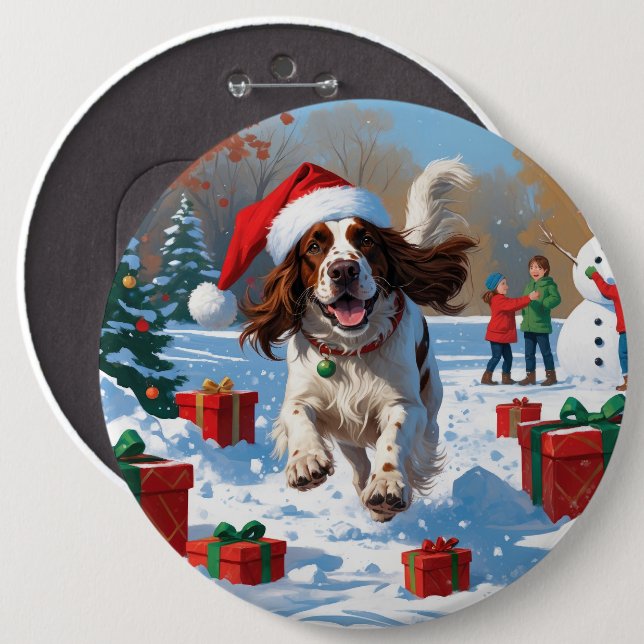 English Setter Running in Snow with Christmas Hat Button (Front & Back)
