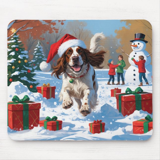 English Setter Running in Snow with Christmas Hat Mouse Pad (Front)