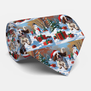 English Setter Running in Snow with Christmas Hat Neck Tie