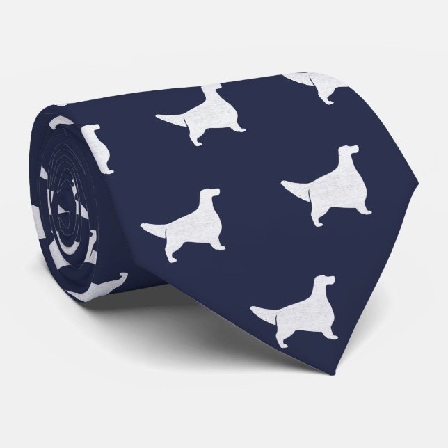 English Setter Silhouettes Pattern Blue and White Neck Tie (Rolled)