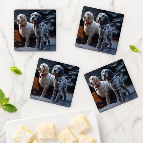 English Setter Snowy Sleigh Christmas Decor  Coaster Set