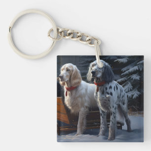 English Setter Snowy Sleigh Christmas Decor Keychain