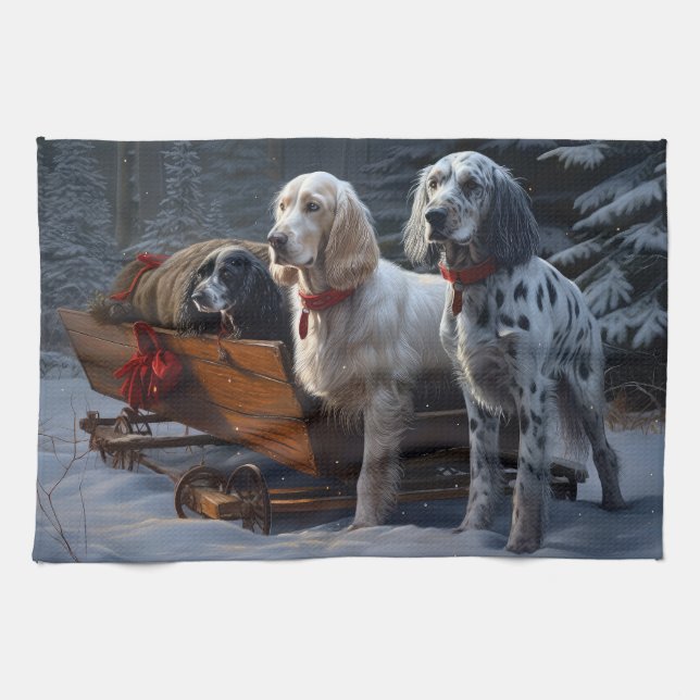 English Setter Snowy Sleigh Christmas Decor  Kitchen Towel (Horizontal)