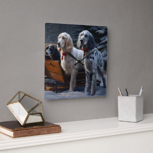 English Setter Snowy Sleigh Christmas Decor Square Wall Clock