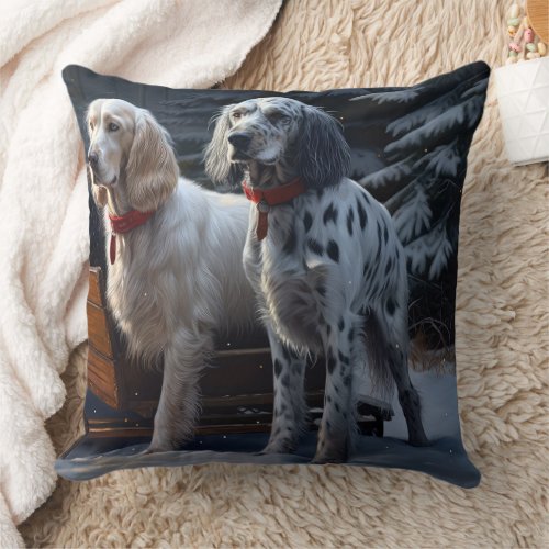 English Setter Snowy Sleigh Christmas Decor  Throw Pillow