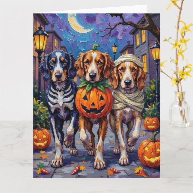 English Setter Trick-or-Treating Halloween Costume Card (Yellow Flower)
